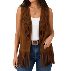 Vintage 70's Western Suede Leather Vest Long Fringe Cognac Medium Festival Boho